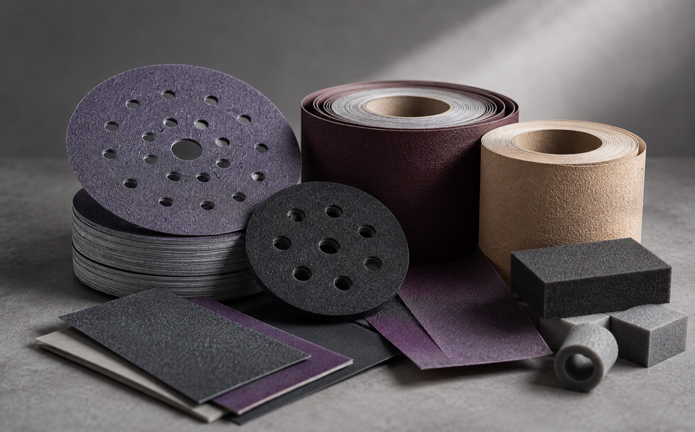 Sanding discs, abrasive rolls and hand pads arranged on a grey surface.