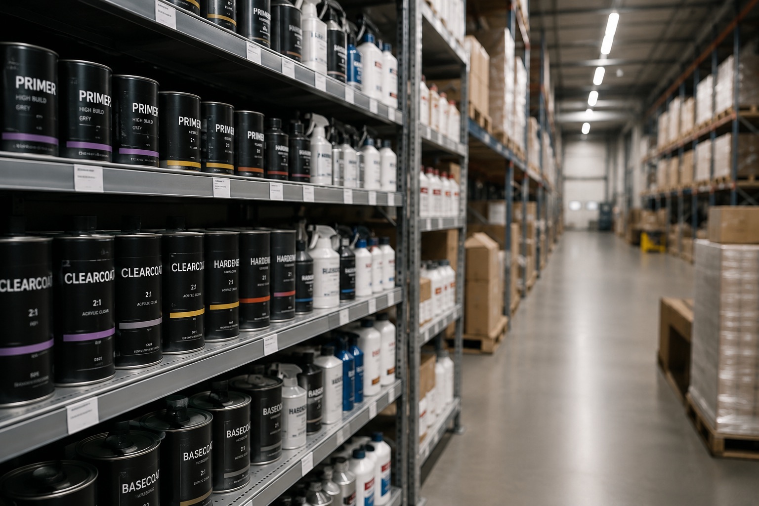 Shelved stock of primers, hardeners and clearcoats in a warehouse aisle.