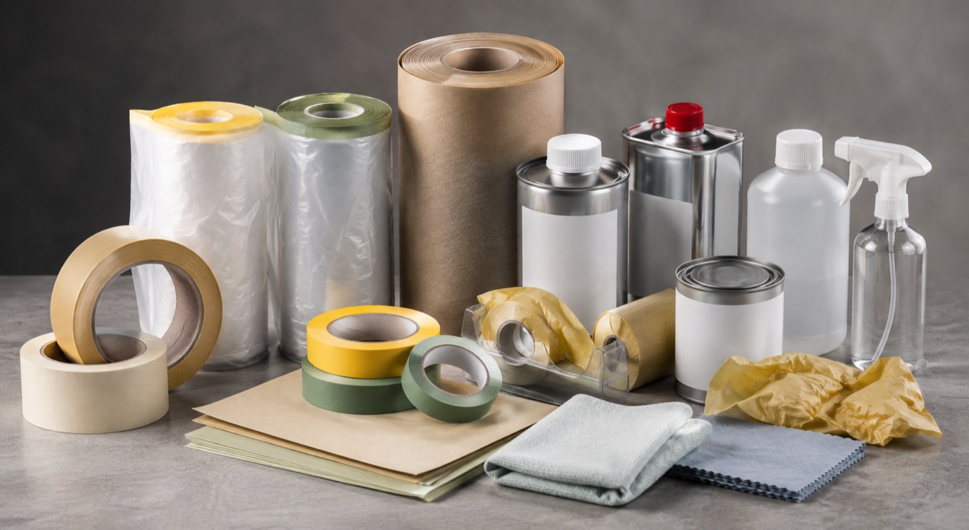 Masking tapes, film rolls, masking paper, solvents and cleaning cloths.