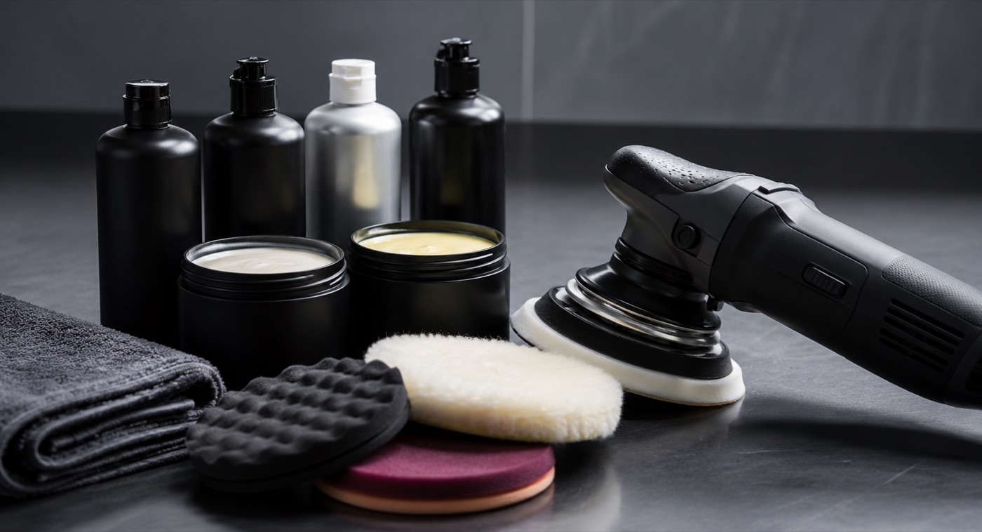 Polishing compounds, foam and wool pads beside a dual action polisher.